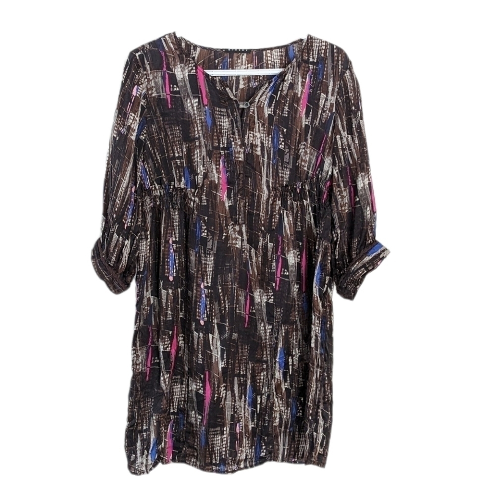 Sisley abstract print silk mini dress long sleeve Small @u